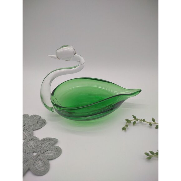 Vintage Clear Neck Emerald Green Glass Swan Candy Trinket Dish, Japan, READ - Picture 1 of 14